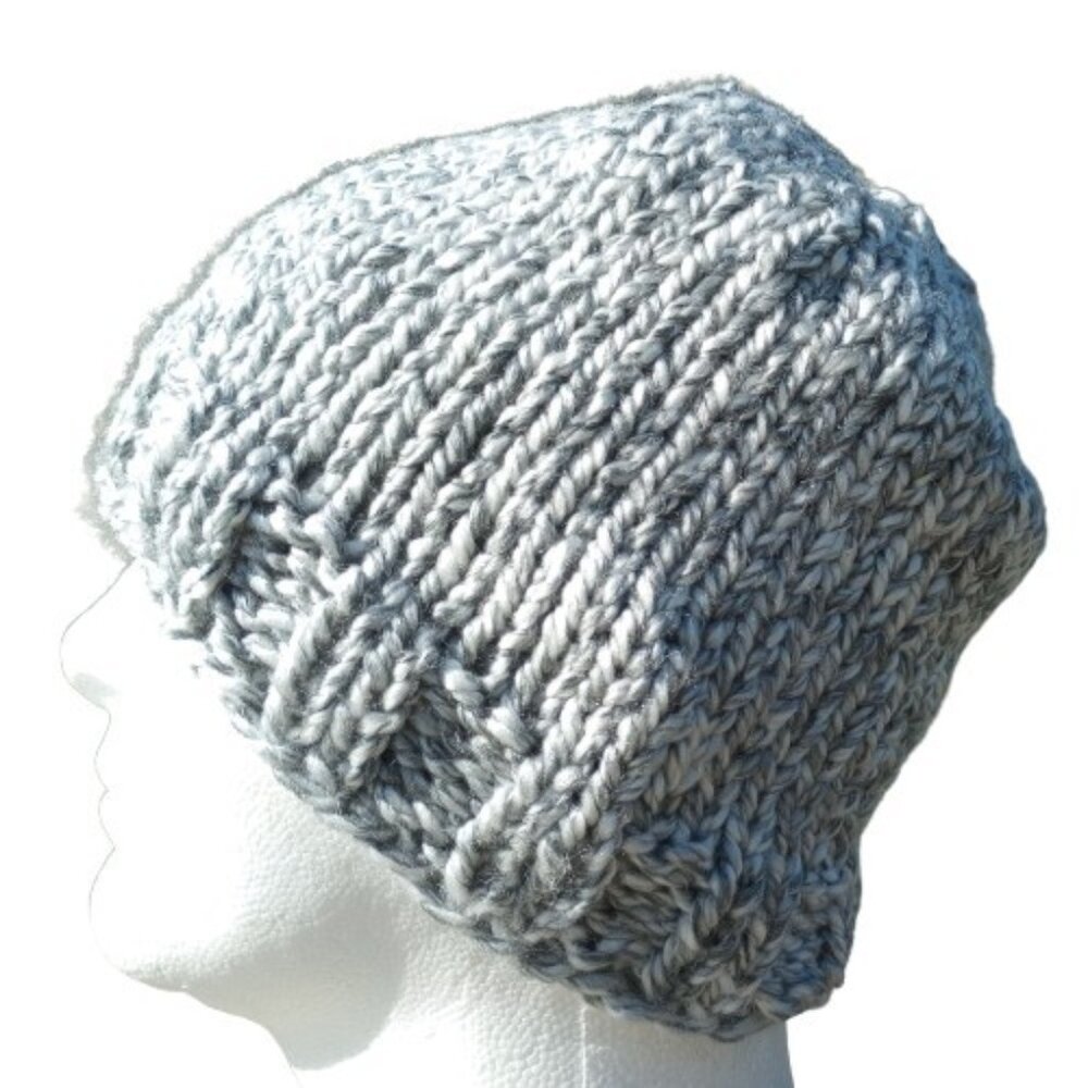 Handmade Men's Beanie Hat Cap Hand Knit Slouch Shaded Path Gray Chunky Women L